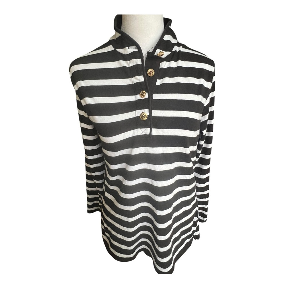 ANN KLEIN SPORT Black White Stripe Lg Sleeve Mock collar Top Gold Tone buttons S
